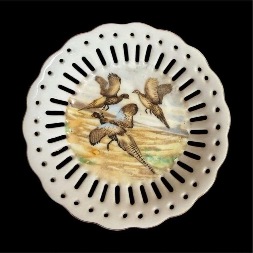Norcrest Pheasant Birds Bone China Decorative Plate Pierced Rim White 6/855